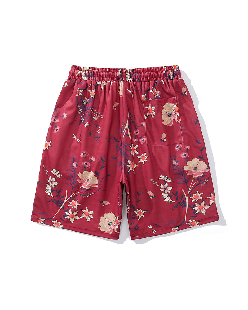 Beach Quick-Dry Claret Vintage Printed Swim Trunks