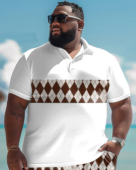 Men's Plus Size Simple Patchwork Diamond Print Polo Shorts Suit