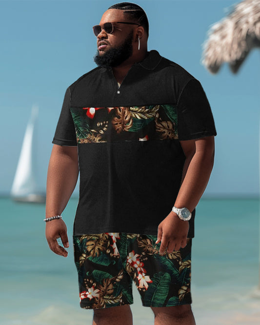 Hawaiian Tropical Leaf Pattern Colorblock Shorts Men's Plus Size Set