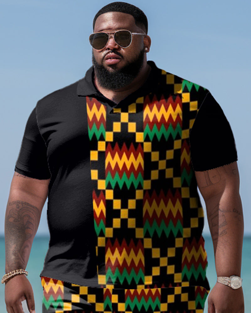 Black Ethnic Style Printed Large Casual Men's Short Sleeved Set