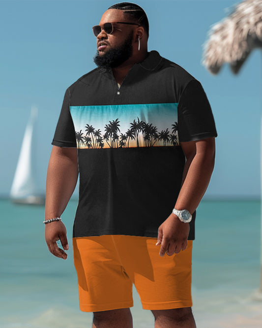 Hawaiian Gradient Coconut Leaf Pattern Colorblock Shorts Men's Plus Size Set