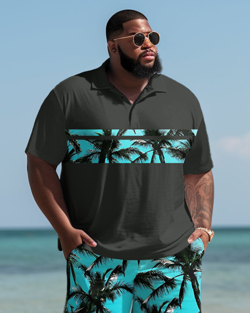 Hawaiian Coconut Tree Print Shorts Black Men's Plus Size Set