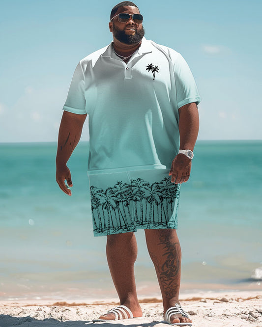 Men's Plus Size Hawaiian Gradient Coconut Tree Print Polo Shorts Set