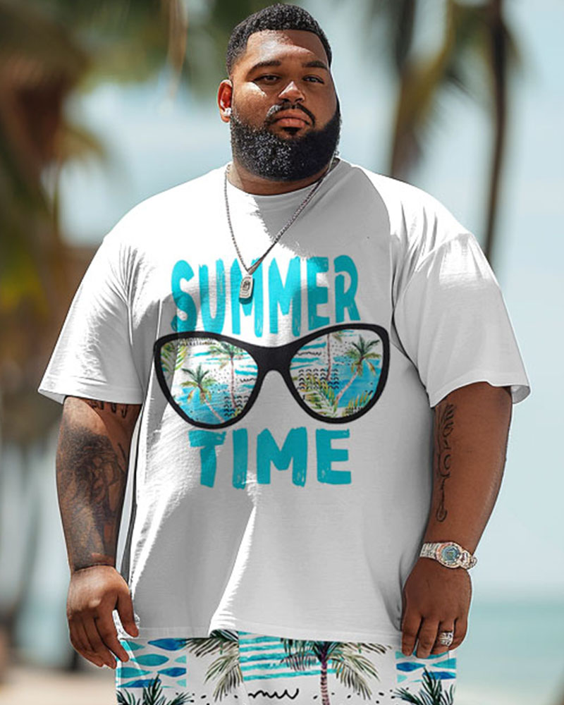 Men's Plus Size Hawaiian Glasses Alphabet Print T-Shirt Shorts Suit