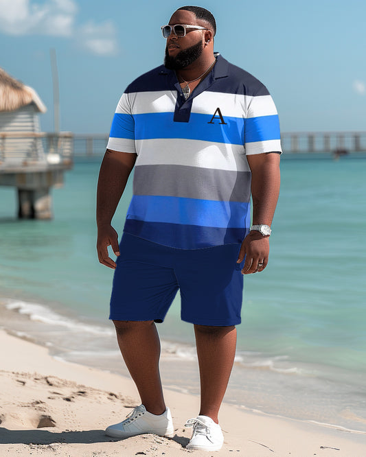 Men's Plus Size Versatile Simple Colorblock Polo Shirt Shorts Set