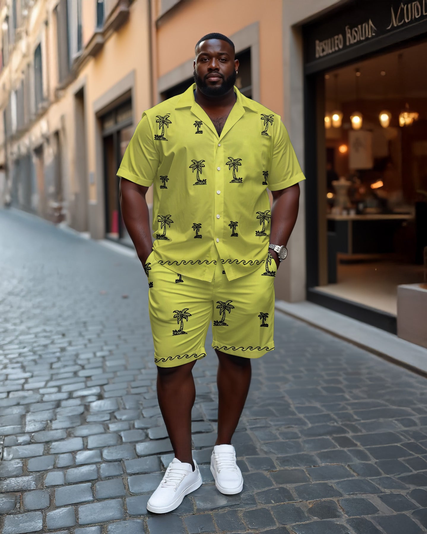 Men's Plus Size Hawaiian Fluorescent Yellow Coconut Casual Cuban Nocket Short Sleeve Shirt Shorts Suit