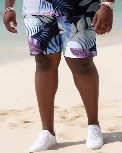 Men's Plus Size Beach Hawaiian Pattern Polo Shirt and Shorts Two-piece Set