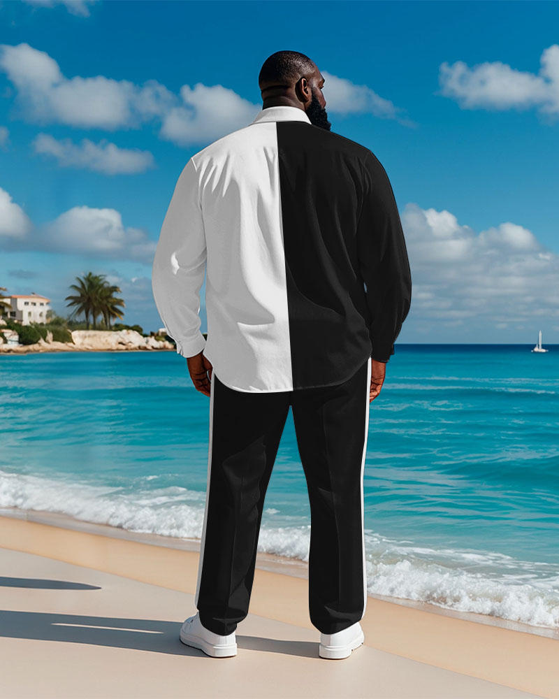 Men's Plus Size Hawaiian Coconut Black And White Print Long Sleeve Shirt Trousers Suit