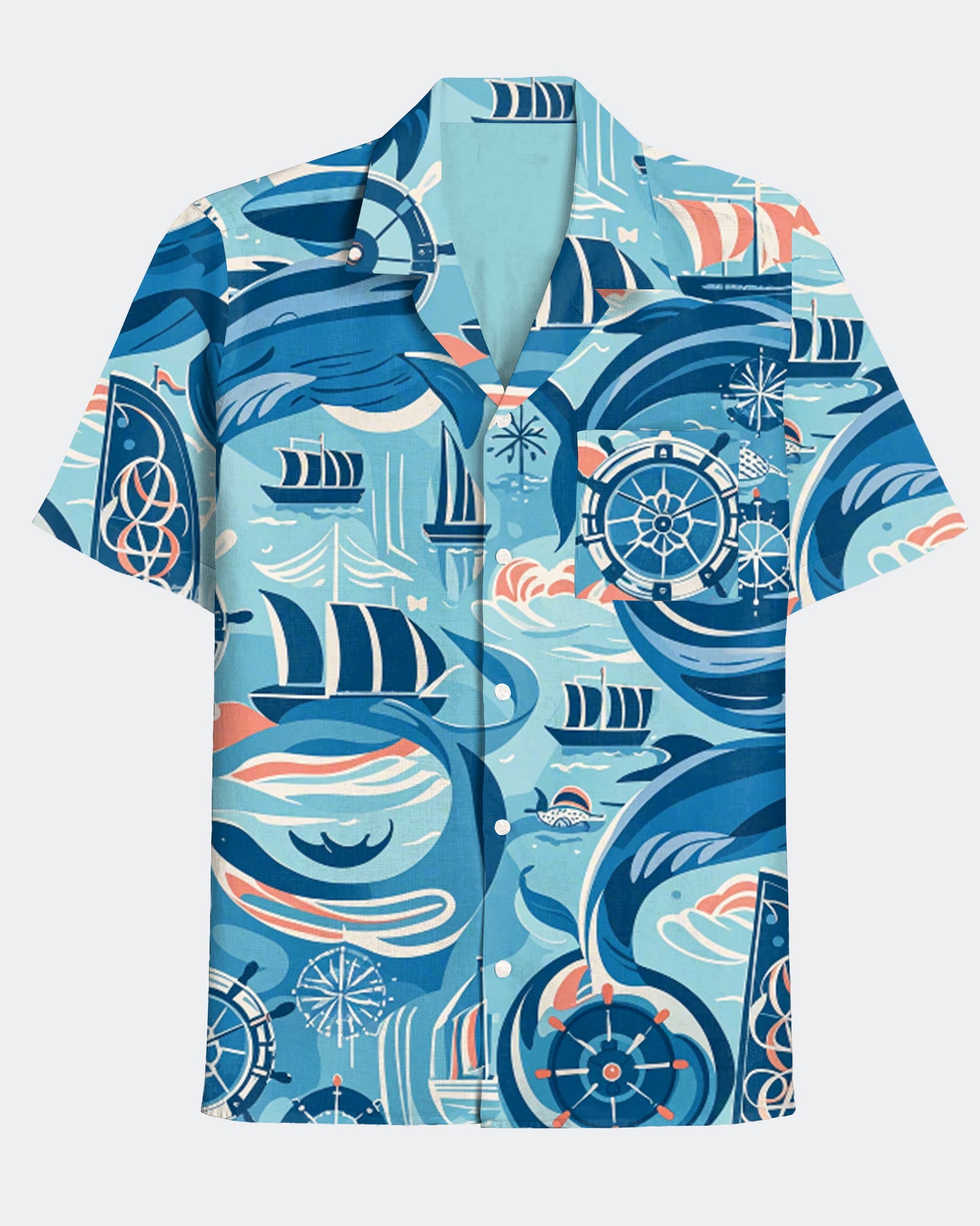 Men's Blue Sailboat Graffiti Style Hawaiian Cuban Collar Short Sleeve Shirt