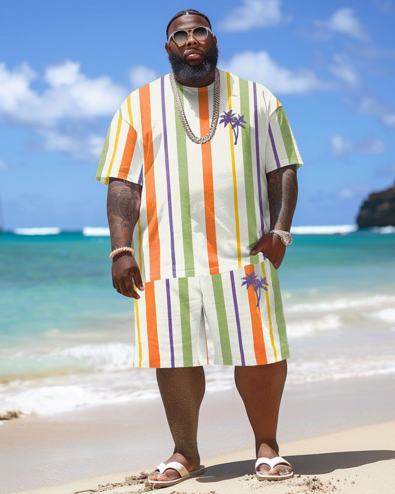 Men's Plus Size Hawaiian Striped Coconut Tree Print T-Shirt Shorts Suit