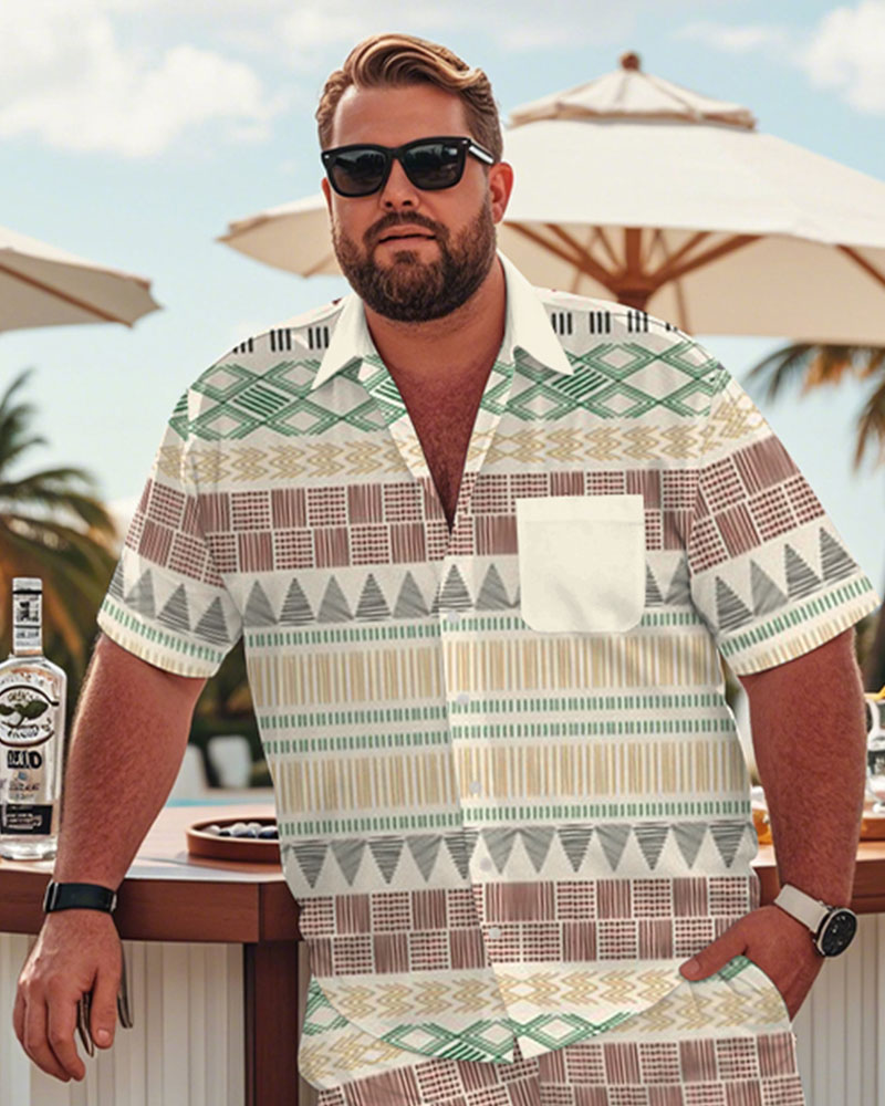 Men's Plus Size Hawaiian Apricot Ethnic Print Shirt Shorts Suit