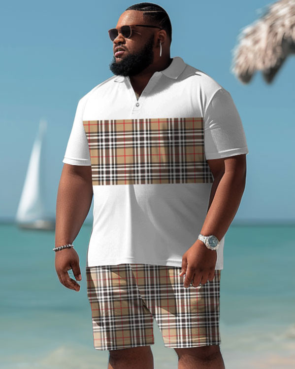 Men's Plus Size Casual Simple Stitching Plaid Print Polo Shorts Suit