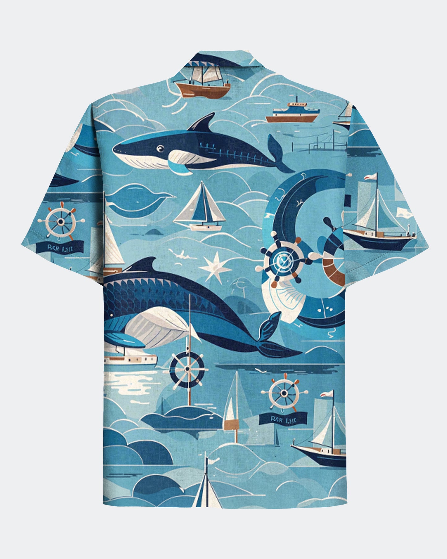 Men's Hawaii Graffiti Blue Ahale and Ship Print Cuban Collar Short Sleeve Shirt