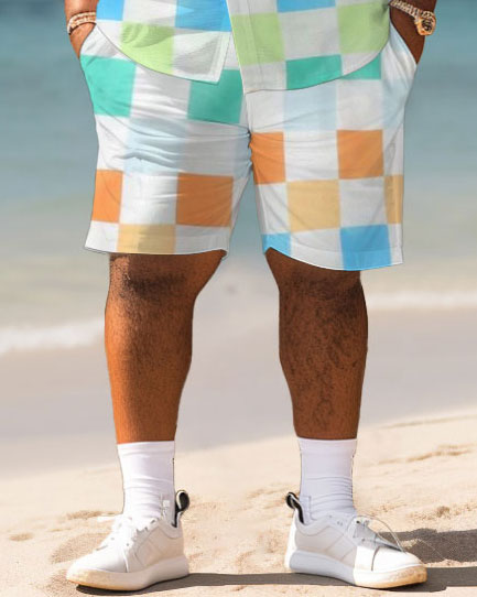 Men's Plus Size Hawaiian Colorful Block Print Shirt Shorts Suit