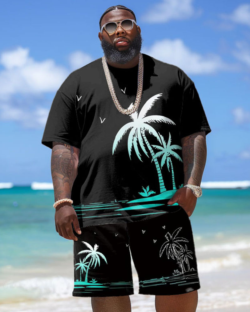 Men's Plus Size Hawaiian Gradient Coconut Tree Print T-Shirt Shorts Set