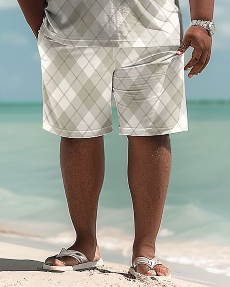 Men's Plus Size Simple Diamond Print Polo Shorts Suit