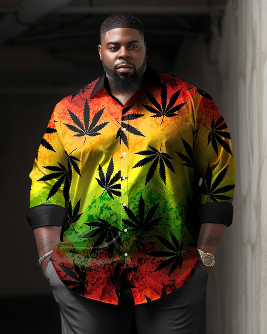 Men's Plus Size June Festival Hemp Leaf Stitching Long Sleeve Shirt