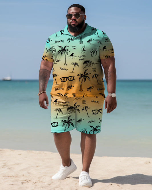 Men's Plus Size Holiday Printed Short Sleeve Pol Shirt Shorts Suit