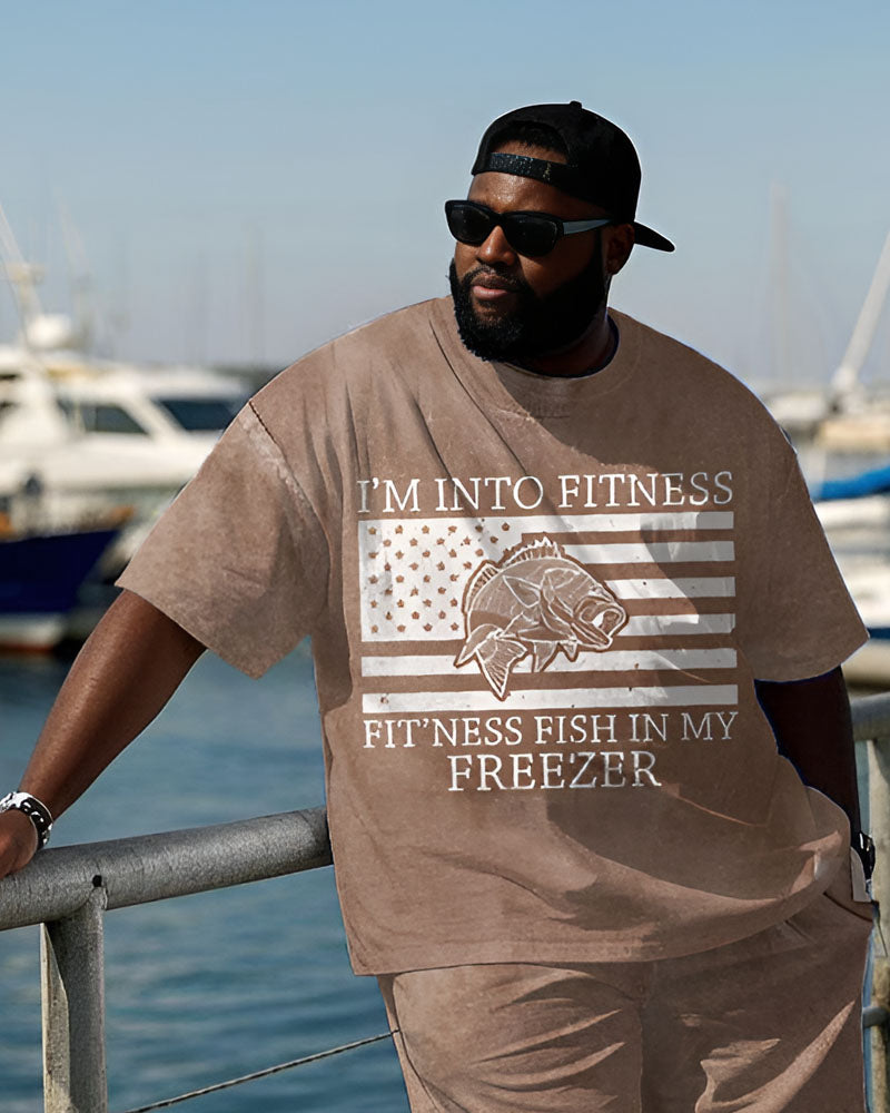 Men's Plus Size 'I' M INTO FITNESS FIT 'NESS FISH IN MY FREEZER' US Flag Fishing Outdoor Printed T-Shirt Shorts Suit