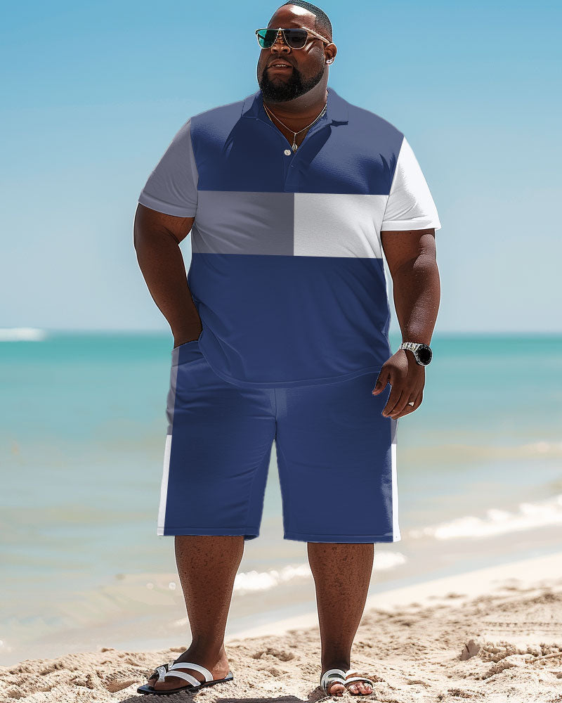 Men's Plus Size Simple Contrast Blue Stripe Print Polo Shorts Suit