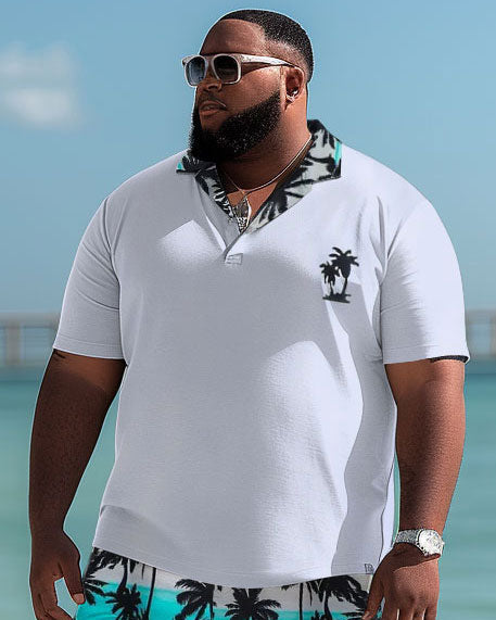 Hawaiian Striped Coconut Polo Shirt and Shorts Two-Piece Men's Plus Size Set