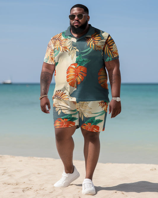 Men's Plus Size Hawaiian Color Block Maple Leaf Polo Shirt and Shorts Two-piece Set