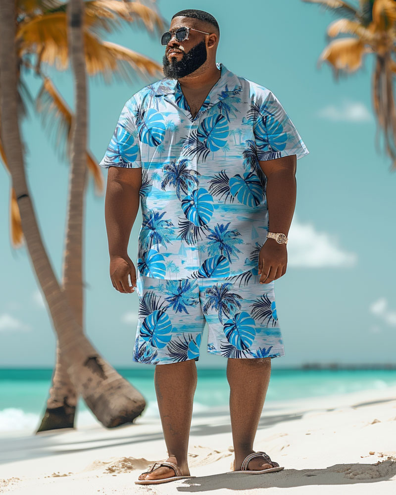 Men's Plus Size Hawaiian Tropical Leaf Print Shirt Shorts Suit