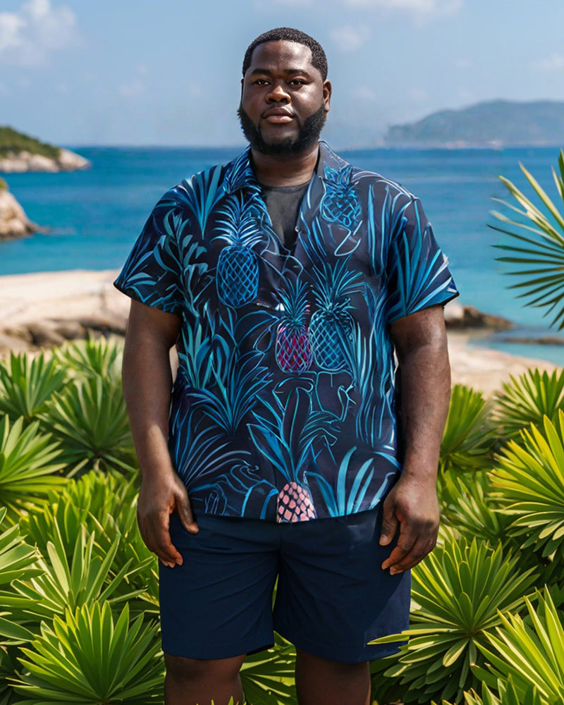 Men's Plus Size Hawaiian Tropical Pineapple Line Short Sleeve Shirt