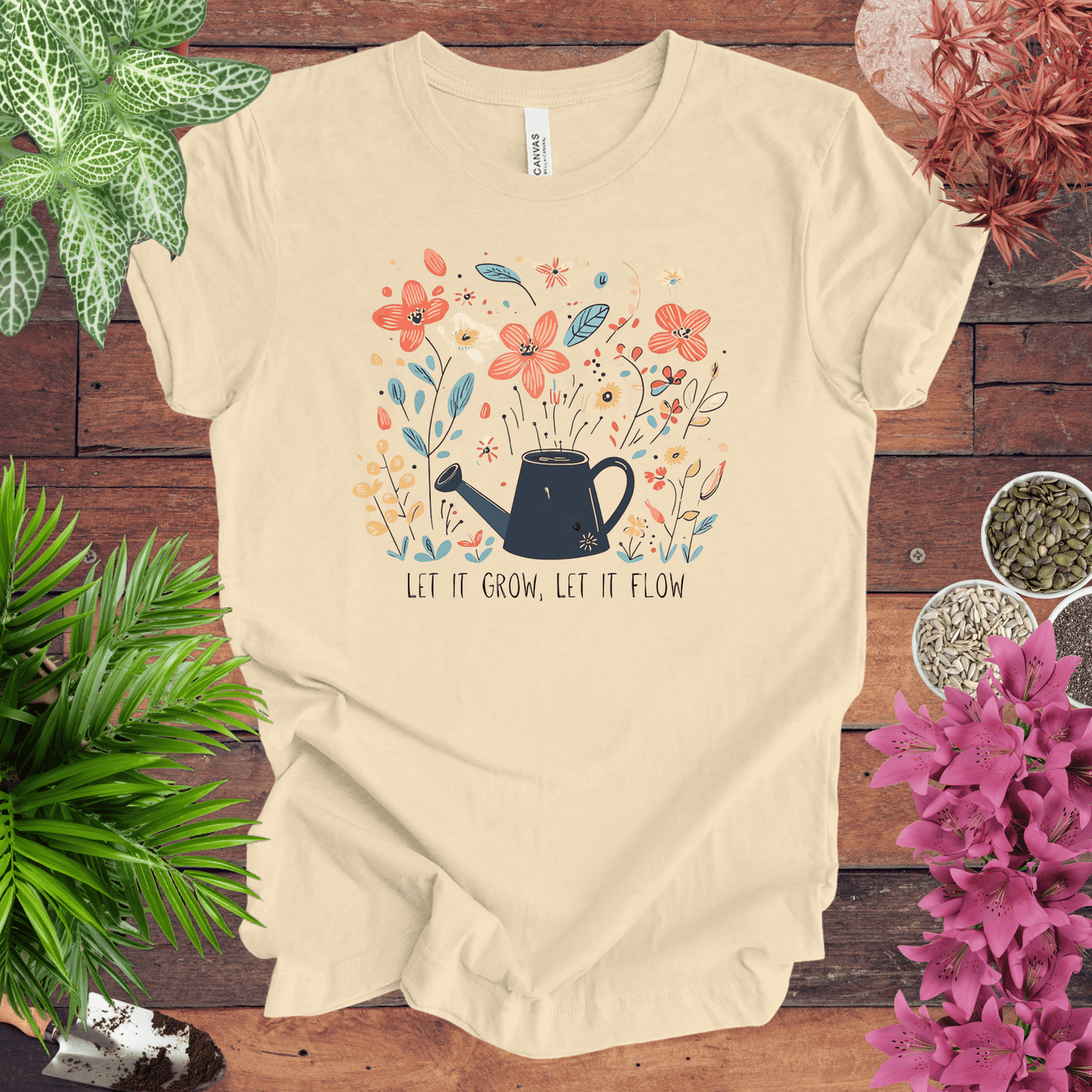 Whimsical Watering Can and Flowers T-Shirt