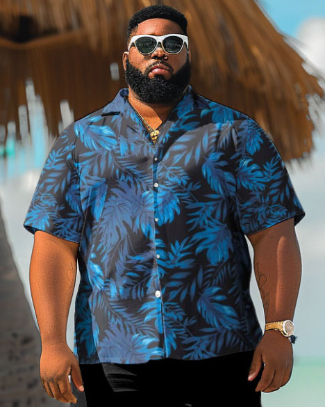 Men's Plus Size Hawaiian Blue Leaf Print Shirt Shorts Suit