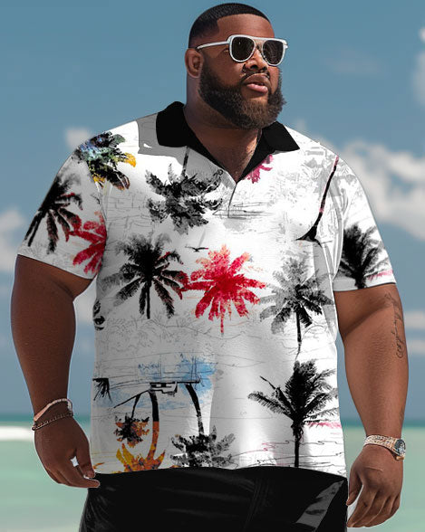 Men's Plus Size Hawaiian Graffiti Coconut Tree Print Polo Shorts Set