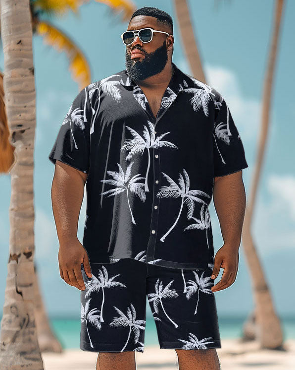 Men's Plus Size Simple Hawaiian Plant Print Shirt Shorts Suit