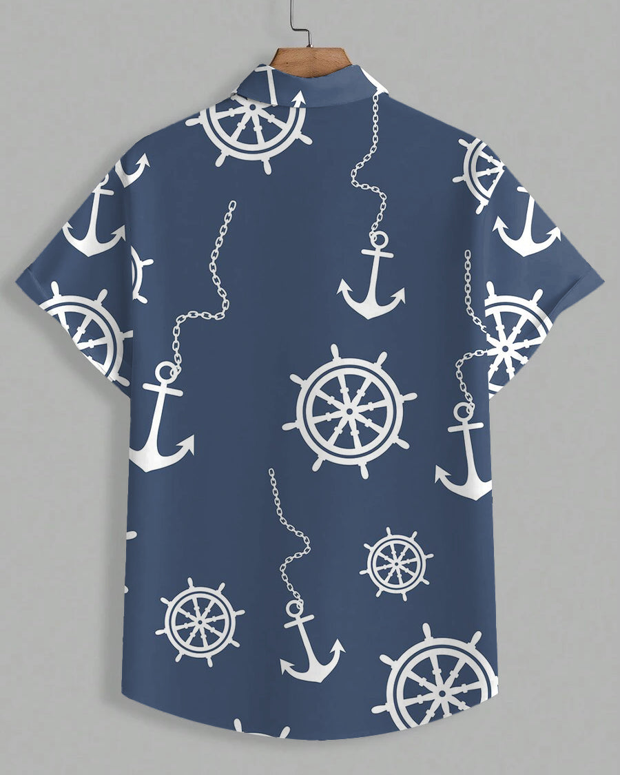 Men's Plus Size Hawaiian Anchor Ship Print Short Sleeve Shirt