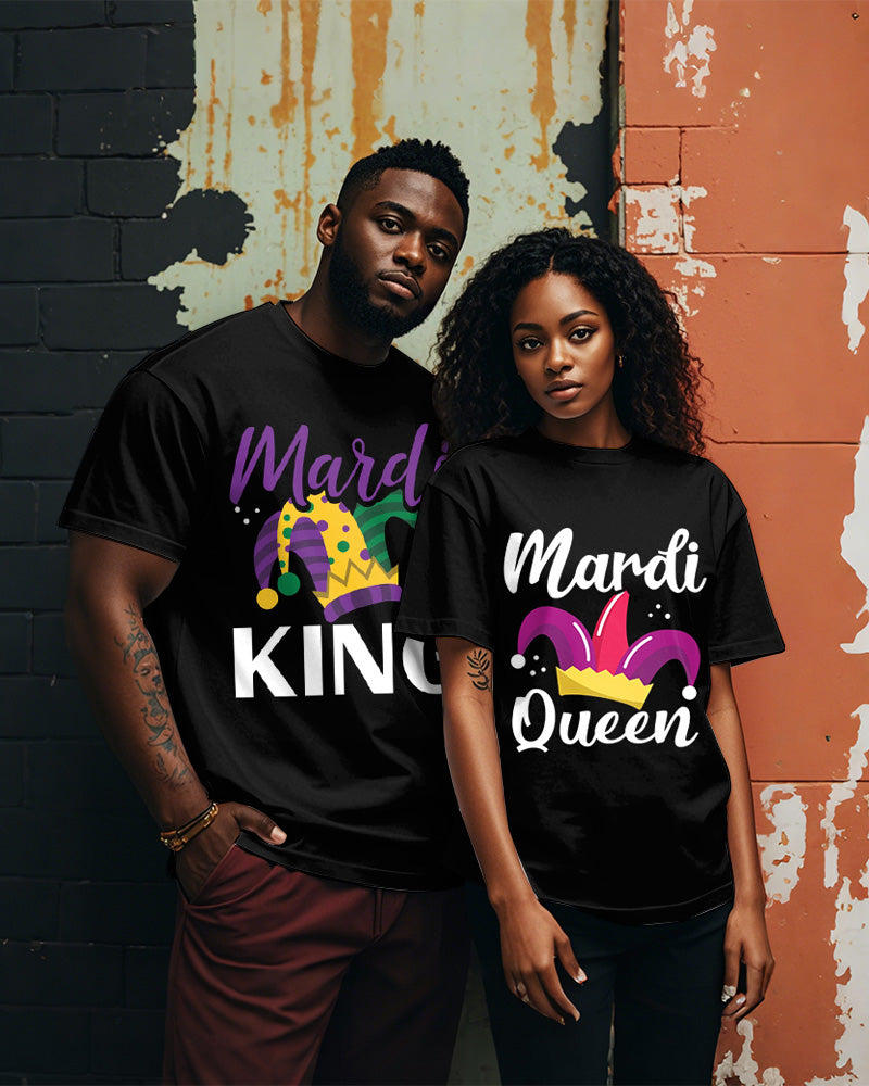 Couple Plus Size Carnival King Queen Printed Round Neck Short Sleeve Tee