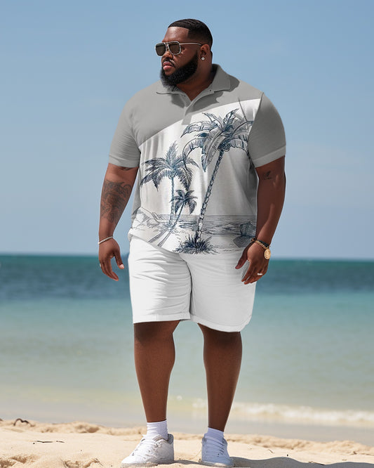 Men's Large Size Color Matching Beach Polo Shirt and Shorts Set