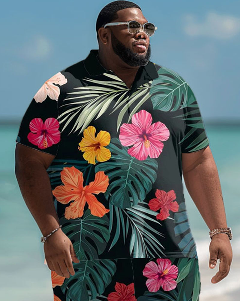 Men's Plus Size Hawaiian Palm Leaf Flower Print Polo Shorts Suit