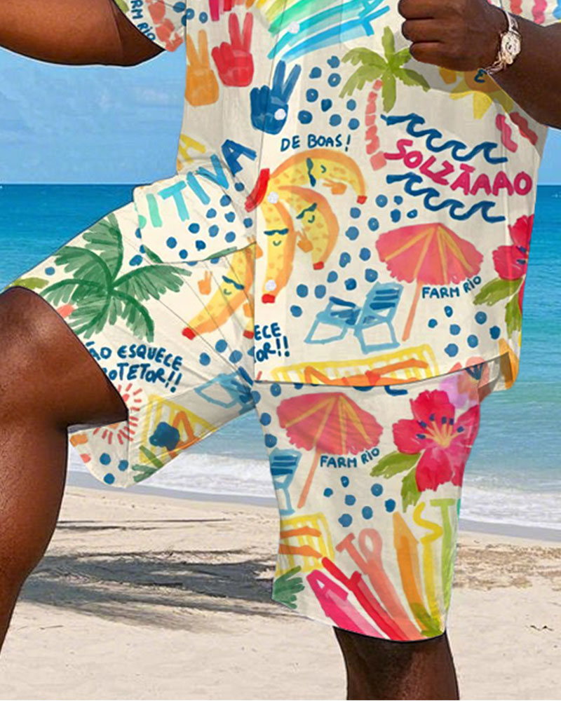 Men's Plus Size Hawaiian Cheerful Vacation Graffiti Print Shirt Shorts Suit