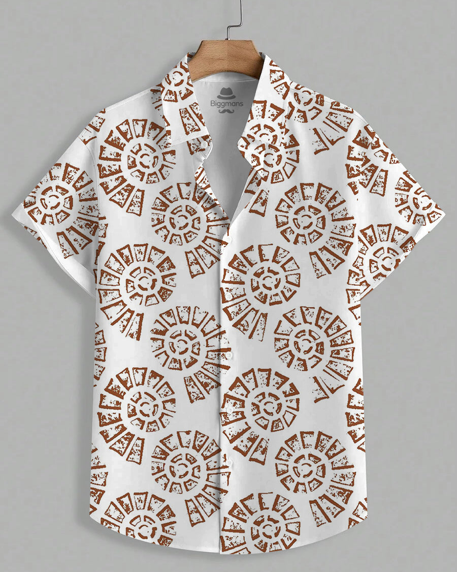 Men's Plus Size Hawaiian White Tribal Spiral Art Print Short Sleeve Shirt