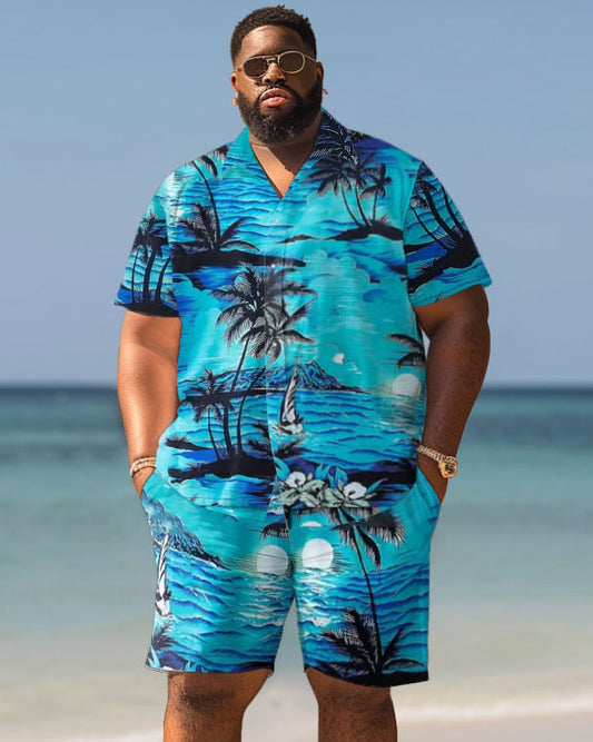 Big Guys Hawaiian Seaside Coconut Tree Print Shirt Shorts Set