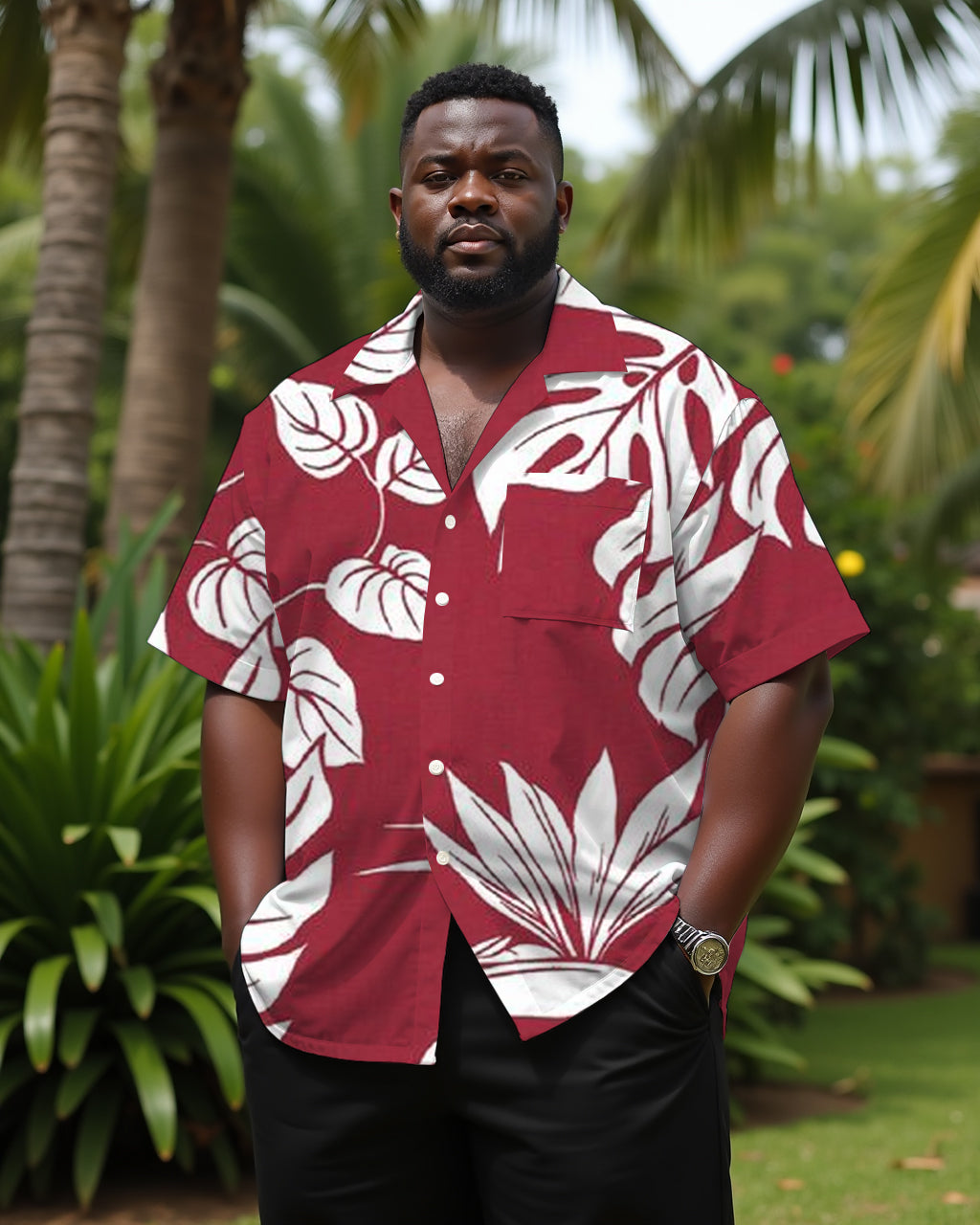 Hawaiian Casual Red Large Floral Printed Fabric Men's Plus Size Cuban Collar Short Sleeve Shirt