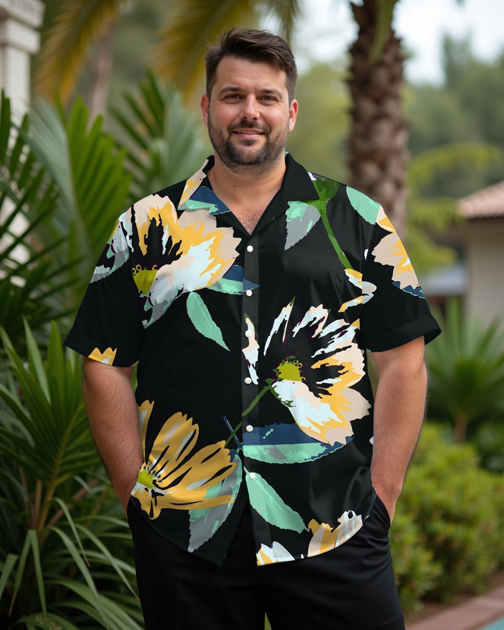 Hawaiian Casual Black Large Floral Printed Fabric Men's Plus Size Cuban Collar Short Sleeve Shirt