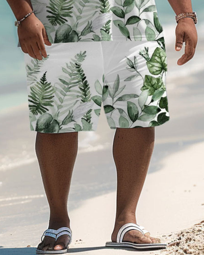 Men's Plus Size Hawaiian Tropical Leaf Print Polo Shorts Suit