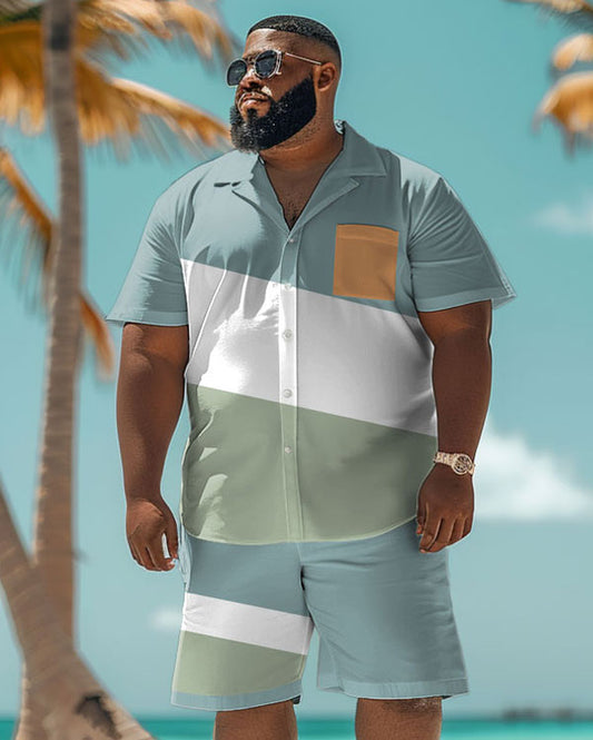 Men's Plus Size Hawaiian Colorblock Print Shirt Shorts Suit