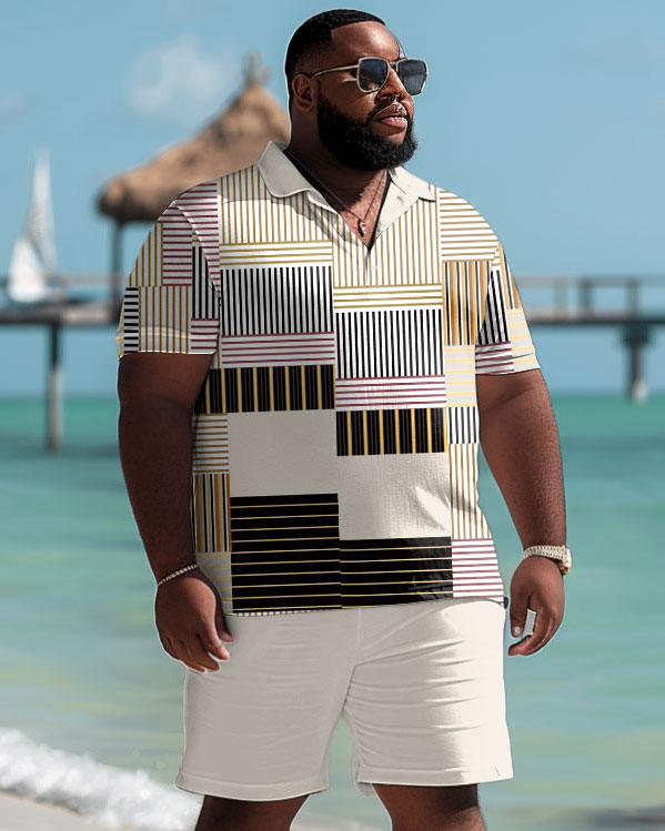 Men's Plus Size Casual Simple Geometric Print Polo Shorts Suit