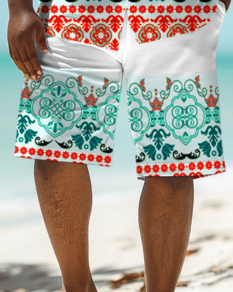 Men's Big Size Casual Floral Print Retro Short Sleeve Shirt Shorts Set