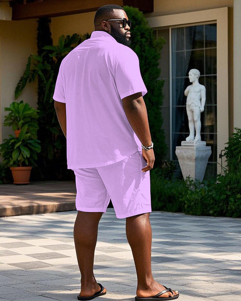 Solid Pink Cuban Nose Short Sleeve Shirt Shorts Suit Men's Plus Size