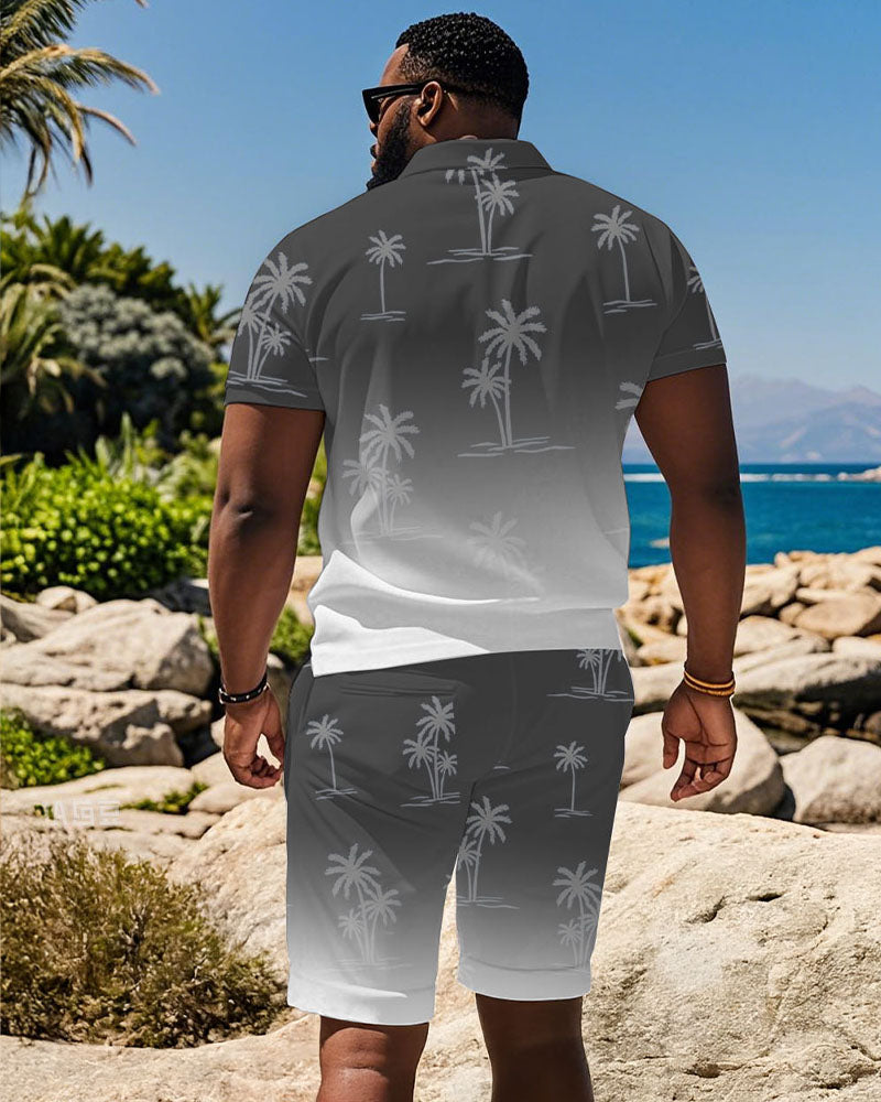 Hawaii Holiday High-end Gradient Jacquard Printed Short-sleeved Polo Shorts Suit Men's Plus Size