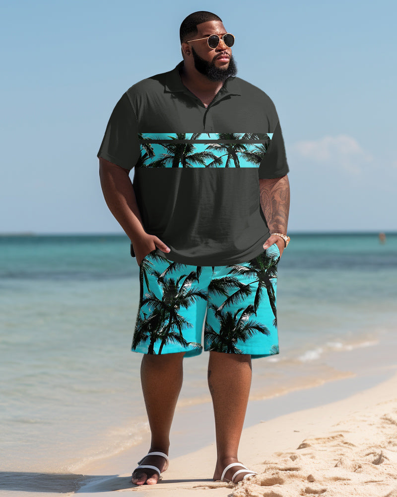 Hawaiian Coconut Tree Print Shorts Black Men's Plus Size Set