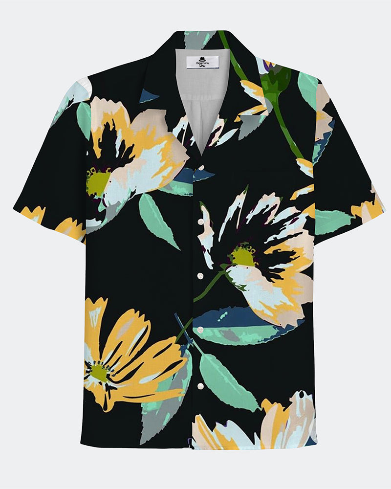 Hawaiian Casual Black Large Floral Printed Fabric Men's Plus Size Cuban Collar Short Sleeve Shirt