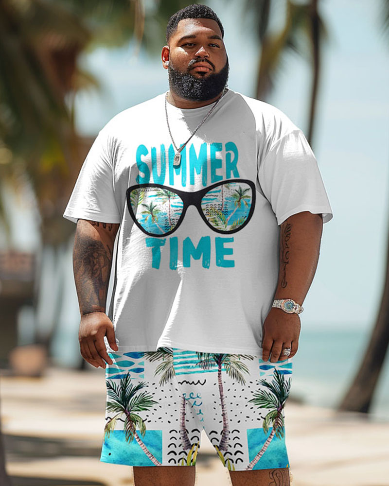 Men's Plus Size Hawaiian Glasses Alphabet Print T-Shirt Shorts Suit